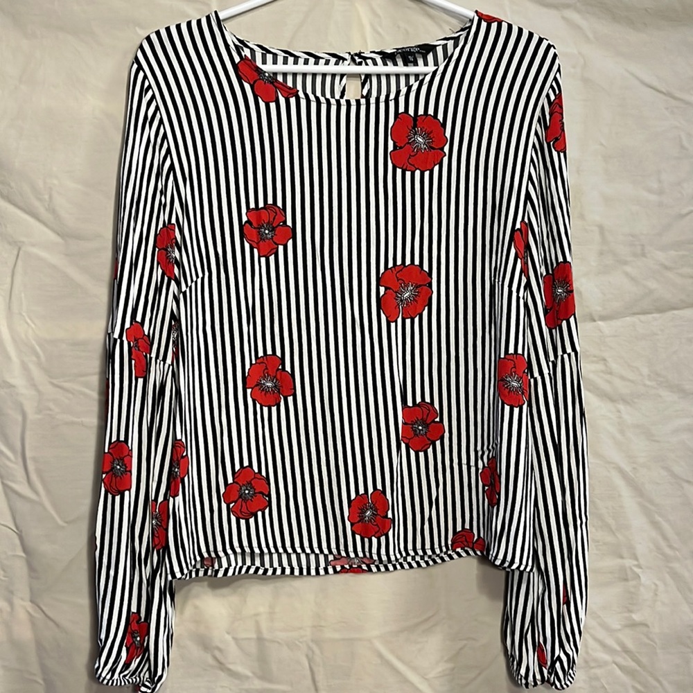 Red Poppy Striped Rayon Blouse Remembrance Day George Women’s Size XL